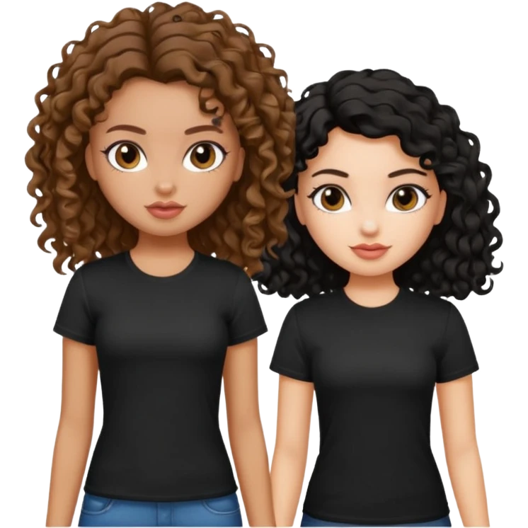 2 pretty bratz fair girls. One has straight brown hair and is tan, wearing a white tshirt. One is fair with curly black hair, wearing a black tshirt  emoji