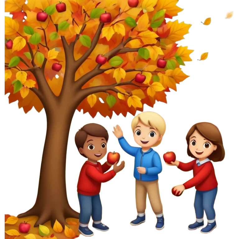 kids picking apples from a tree in autumn, colorful fall leaves, cheerful expressions emoji