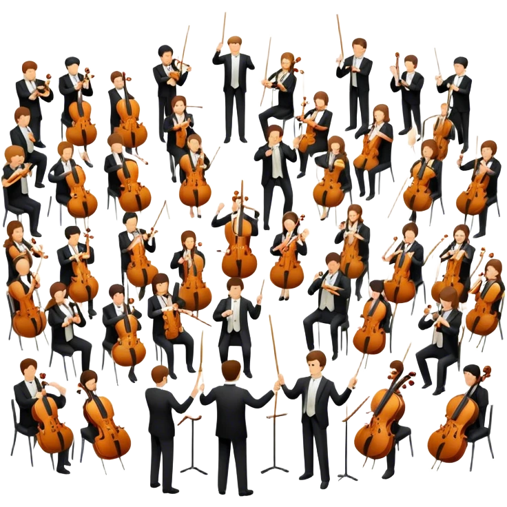 Icon for Classical Music: symphonic orchestra with musicians playing violins, cellos, and flutes, led by a conductor with a baton. Transparent background. emoji