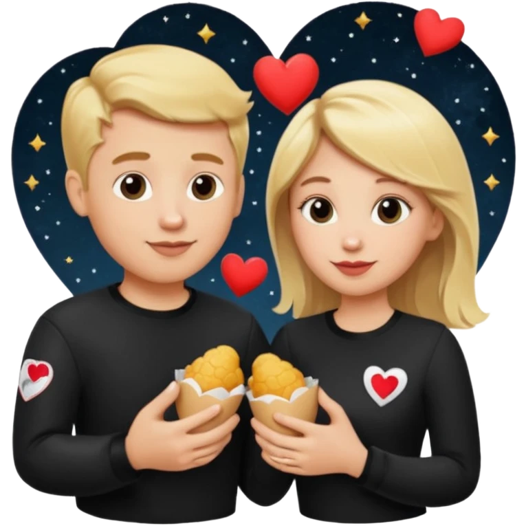 Couple with blonde hair wearing black eating chick filet hearts and outer space in the background  emoji