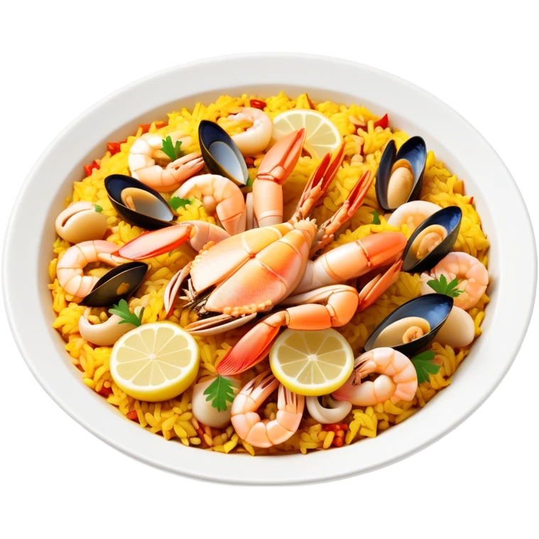 cinematic-realistic-paella-dish-emoji,-depicted-as-a-vibrant,-aromatic-rice-dish-loaded-with-seafood,-chicken,-and-saffron-rendered-with-rich-textures-and-dynamic,-warm-lighting with a lemon slice in the middle emoji
