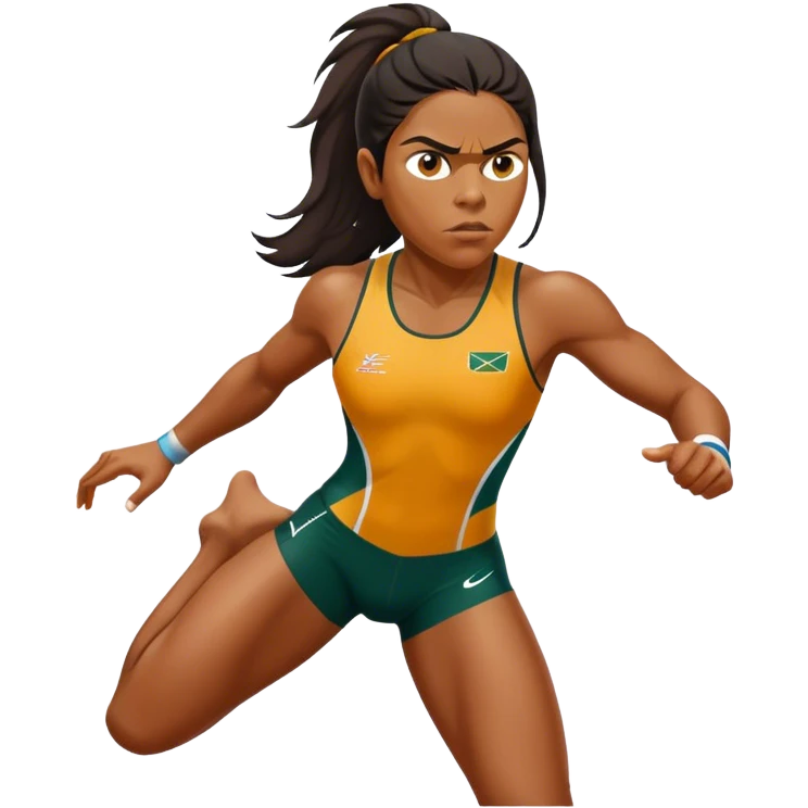 Cinematic Realistic portrait of Cathy Freeman, shown as an iconic Australian athlete with a focused, determined expression and modern athletic attire accented with subtle native motifs, rendered in dynamic, vibrant lighting emoji