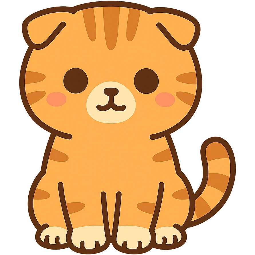 flat toon style kawaiiorange scottish fold kitten sitting, dark round eyes, cute emoji