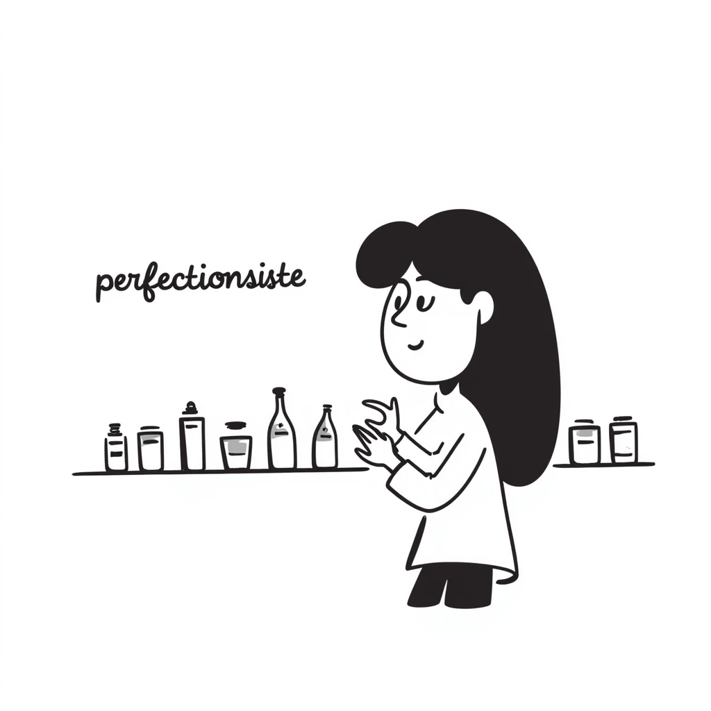 hand-drawn doodle of a perfectionist organizing objects in a straight line, neat and tidy, with text 'perfectionniste' emoji