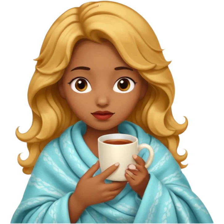 cute and sexy brown skin girl, golden wavy hair, sexy face expression, feeling sick, nose is red due to sickness, covered by blanket, holding tea mug in hands emoji
