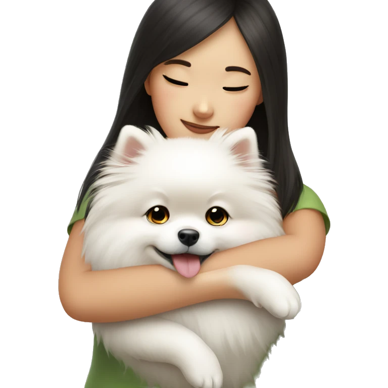Chinese girl hug white Pomeranian emoji
