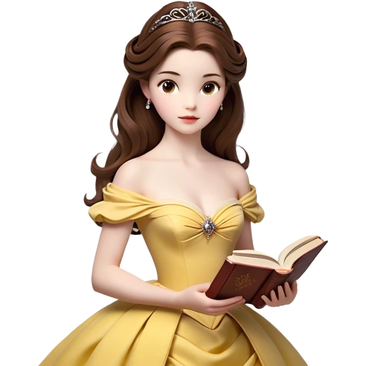 Cinematic Realistic Belle Portrait, depicted with lifelike skin texture, soft natural lighting, and intricately detailed brown hair styled elegantly. Her deep, expressive eyes exude warmth and intelligence, complemented by a serene and graceful expression. She gently holds a book in one hand, her other hand resting at her side, radiating an aura of beauty and intellect. She is dressed in her classic yellow ball gown, the fabric rich in texture with delicate folds that catch the light beautifully. The portrait features a soft, enchanting glow with a natural, radiant finish, capturing the essence of timeless beauty in a realistic and painterly style, evoking a sense of depth and authenticity. emoji
