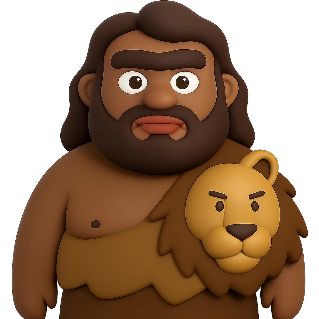 Make the caveman chunkier, give him a unibrow, darker skin, and clothing made out of lion skin. The original style is 3D emoji style, but since it does not support editing, please keep the look as close as possible to 3D emoji style while making these changes. Remove the background. emoji