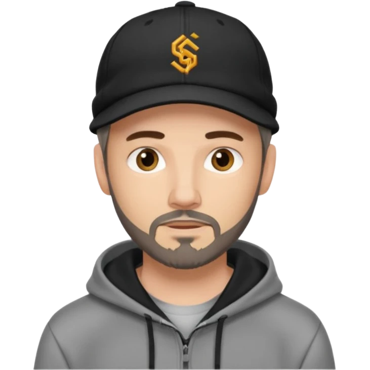 Hombre de ojos claros, con barba fina y perilla, gorra negra bordada, y sudadera gris. Expresión relajada y estilo urbano. emoji