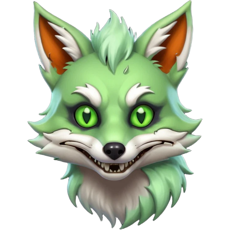 zombie fox portrait, head and shoulders only, torn tail fur visible, sinister grin, glowing toxic eyes, spooky fantasy style, 3D cartoon, mobile game icon style, clean background, no text, no watermark
 emoji