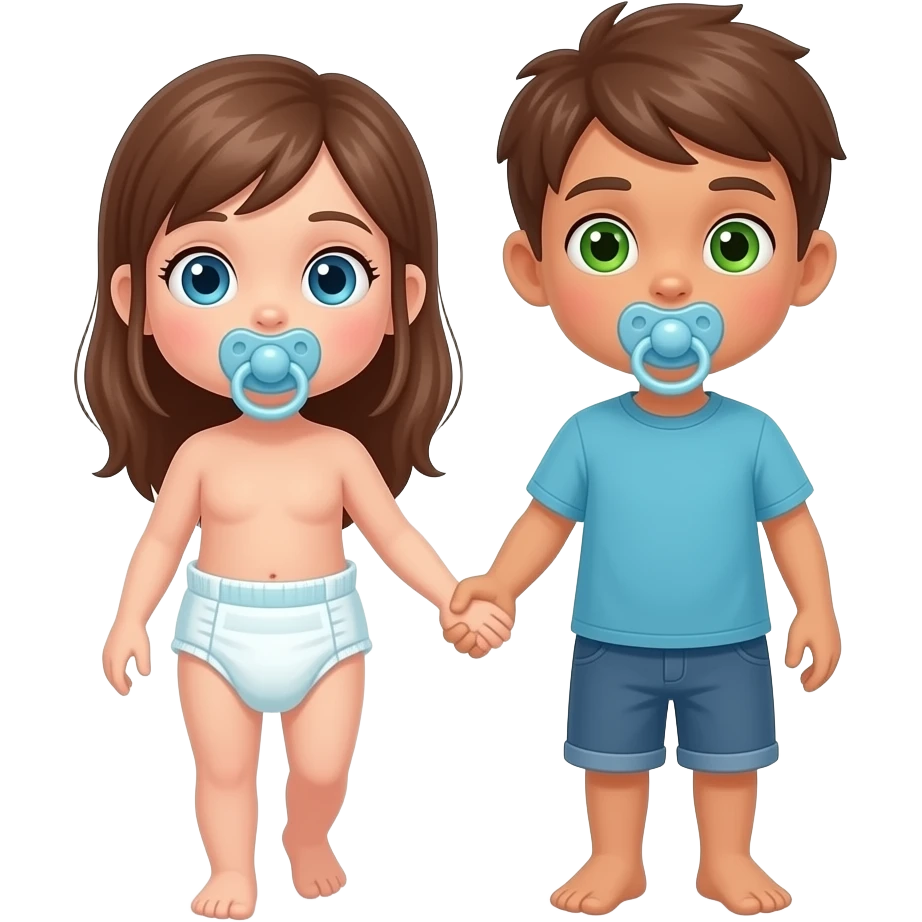 A blue-eyed girl and green-eyed boy walking and holding handsand wearing a cloth diaper sucking on pacifier emoji