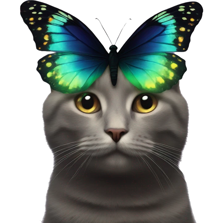 Dark iridescent butterfly glowing on top of cats head  emoji