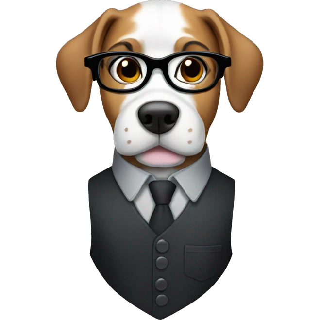 A dog wearing glasses, a black button up shirt and a dark grey vest  emoji