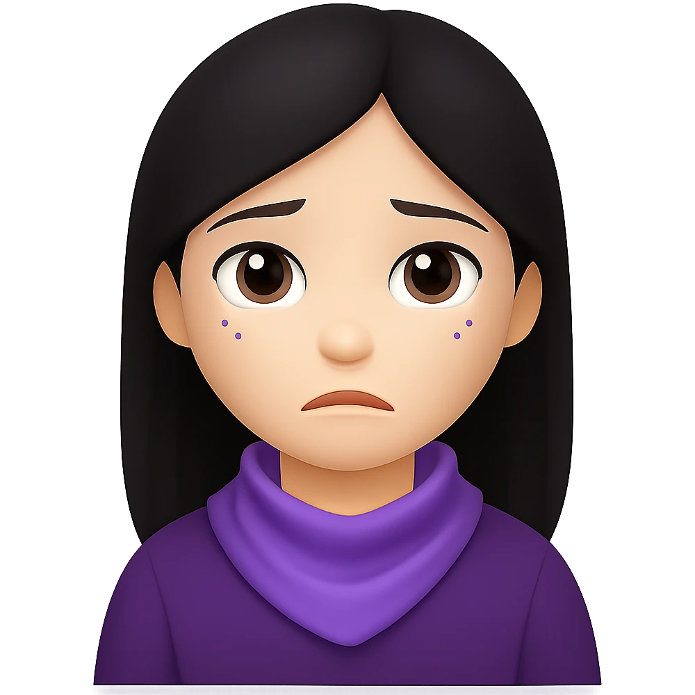 Remove the bandana and change the white clothes to a different color, keep the lilac elements and sad face, in the style of emoji (apple style emojis). emoji
