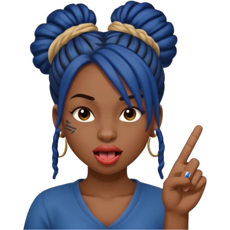 brown girl with dark blue dreads all in a bun with tongue out giving middle finger emoji