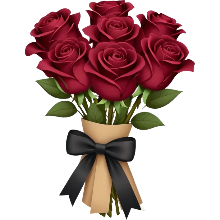 Burgundy bouquet of roses wrapped in beige paper with a black bow emoji