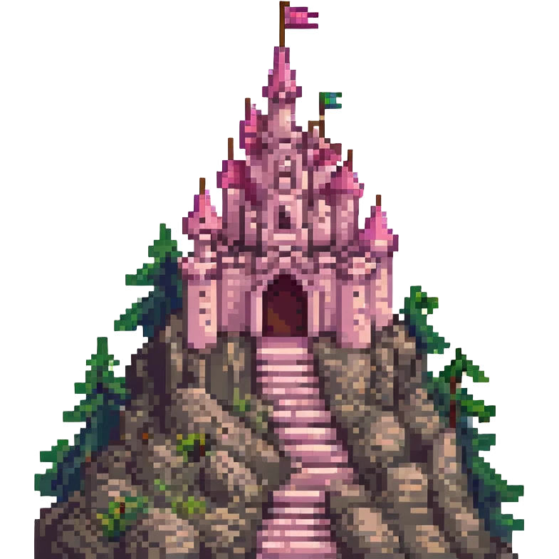 majestic and beautiful pink castle on top of a high mountain, pixel art emoji style, cute and detailed, bright colors, fantasy atmosphere emoji