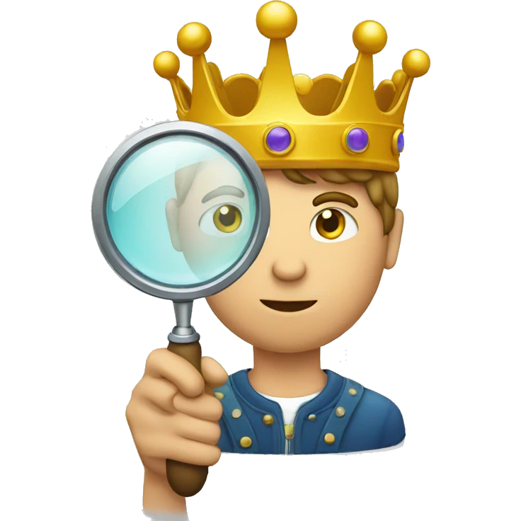 a man holding and looking through magnifying glass with crown emoji