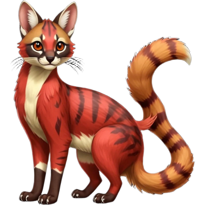 Vibrant-colored red-dark-brownish-furred colorful painted marked patterned Asian glorious divine exotic cute cool beautiful shiny beautiful fantasy-caracal-civet-genet-sergal-vernid-Cacomistle-oncilla-animal-Fakémon-hybrid-fursona (full body) emoji
