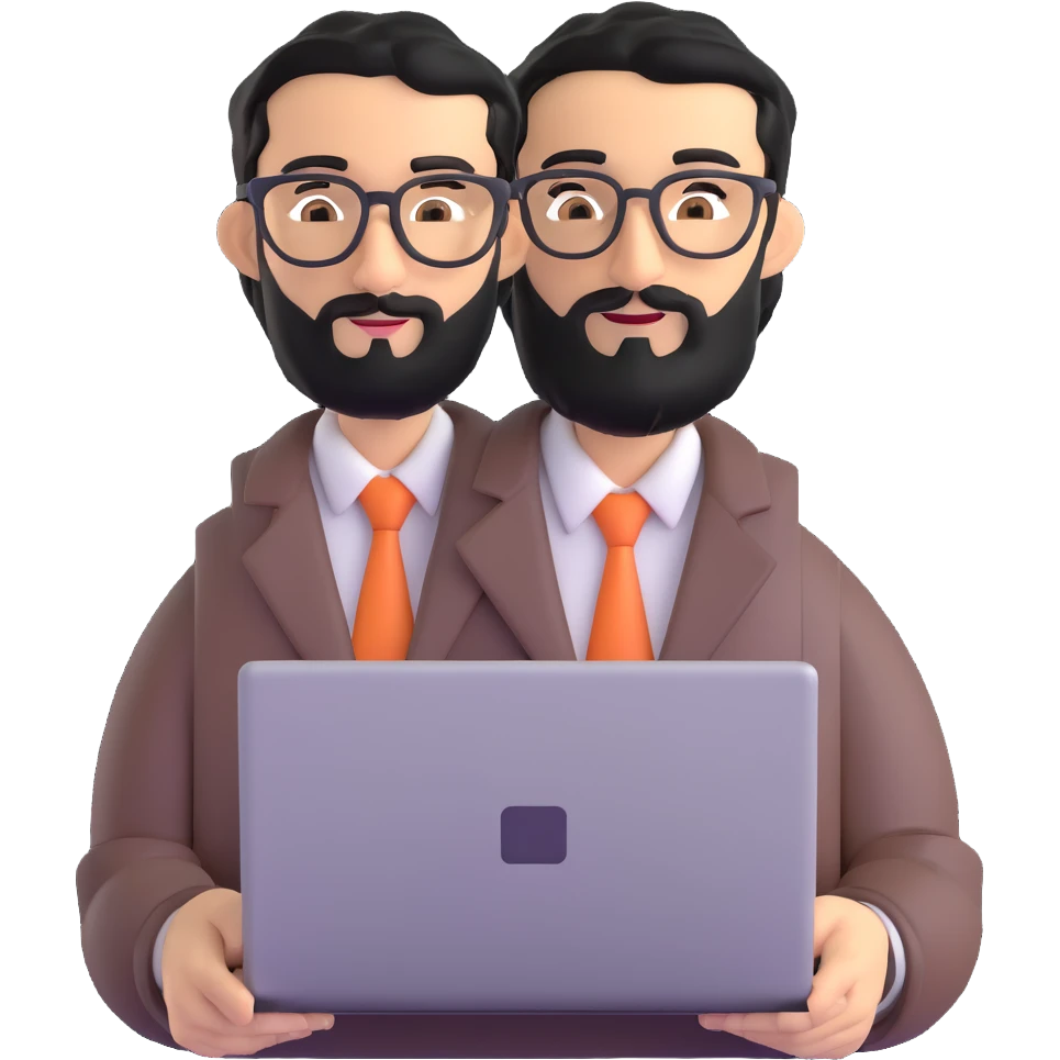 man with medium black beard, black hair, connected unibrow, olive tan skin, brown eyes, glasses, prominent long nose, wearing casual business attire, holding a laptop emoji