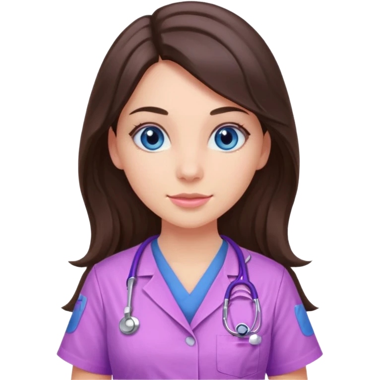 pretty brunette nurse with long hair and blue eyes in pink and purple dinosaur pattern scrubs emoji