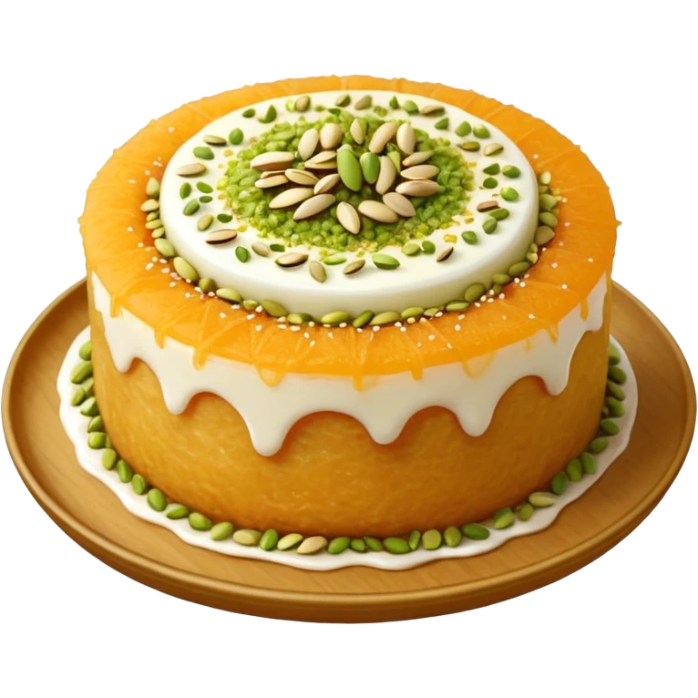 A small round emoji of traditional kanafeh with golden-orange crispy threads, a gooey white cheese center, and a light sprinkle of green pistachios. Warm and delicious-looking. emoji