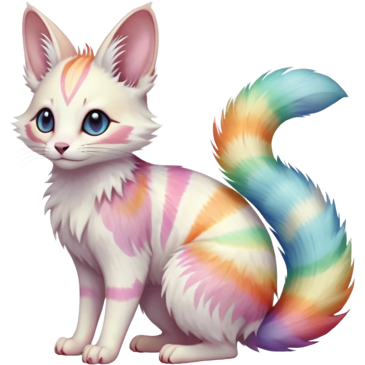  Realistic cute adorable pastel-iridescence-gradients albino fur with random colorful iridescent rainbow markings beautiful elegant pretty precious cute  Fakémon-Pokémon-opossum-feline-serval-caracal-chinchilla-Minccino-hybrid-creature with a big fluffy bushy striped tail (full body) emoji
