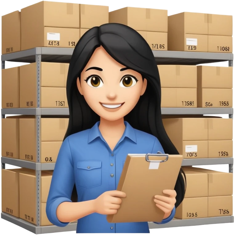 A smiling female middle-aged warehouse manager with black eyes and long black hair, holding an inventory list，without background emoji