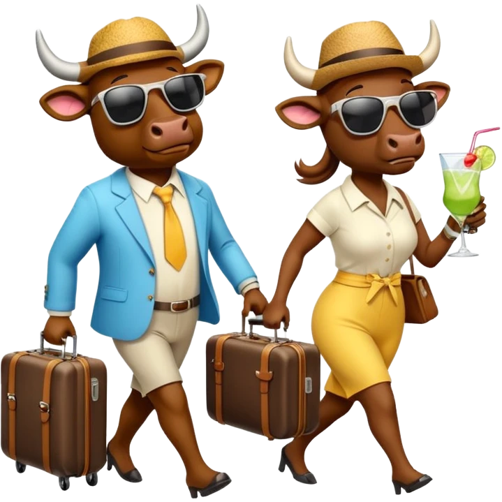 generate an emoji of a group of up to 8 male and female bulls travelling together on holidays. One bull has a suitcase, one has sunglasses, one is carrying a cocktail. They're all in motion, walking together. Make the characters look like bulls. They wear summer clothes emoji
