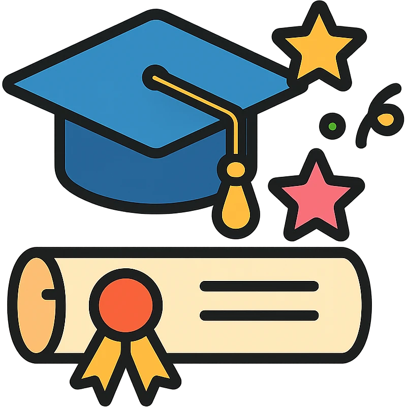 graduation cap and certificate together, celebratory style, colorful and festive color outline icon emoji