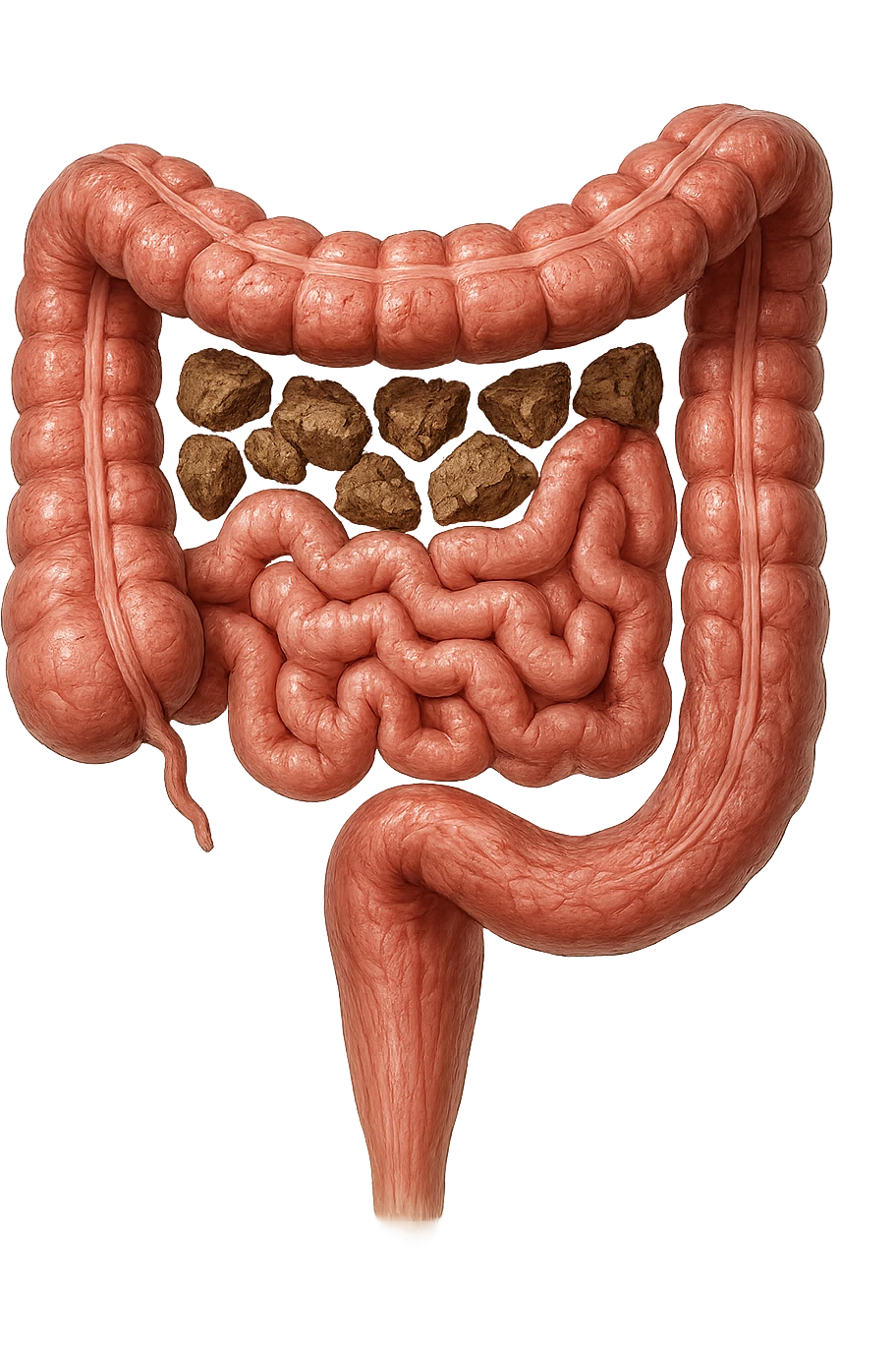 intestino umano anatomico realistico con feci spezzettate iperrealistiche sotto emoji