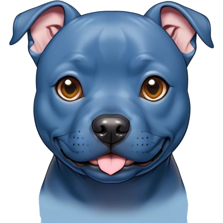 Cinematic Cute Blue Staffordshire Bull Terrier Portrait Emoji, Head tilted playfully and inquisitively, featuring a glossy blue Fur with a healthy sheen, round, sparkling dark eyes filled with curiosity, Simplified yet irresistibly adorable features, highly detailed, glowing with a warm, friendly glow, high shine, affectionate and spirited, stylized with a touch of whimsy, bright and endearing, soft glowing outline, capturing the essence of a mischievous yet loving pup, so playful it feels like it could bound out of the screen and into your arms! emoji