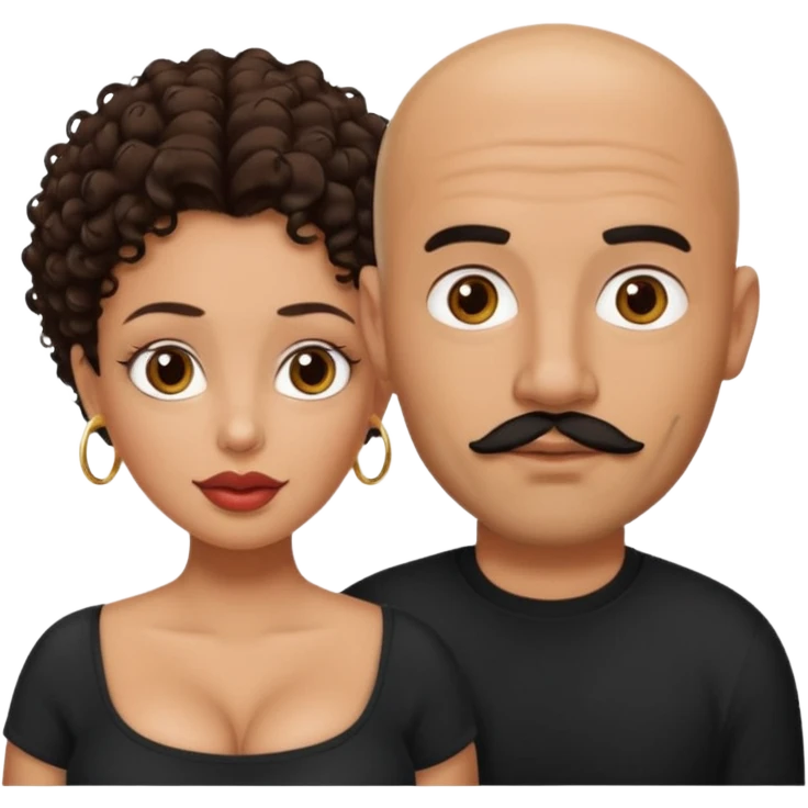A picture of a tanned couple. the man is a Mexican man with tanned skin, black hair, a bald hair cut, short beard and wearing a black shirt. the woman is mixed, with curly medium length hair, with big boobs and lips  emoji