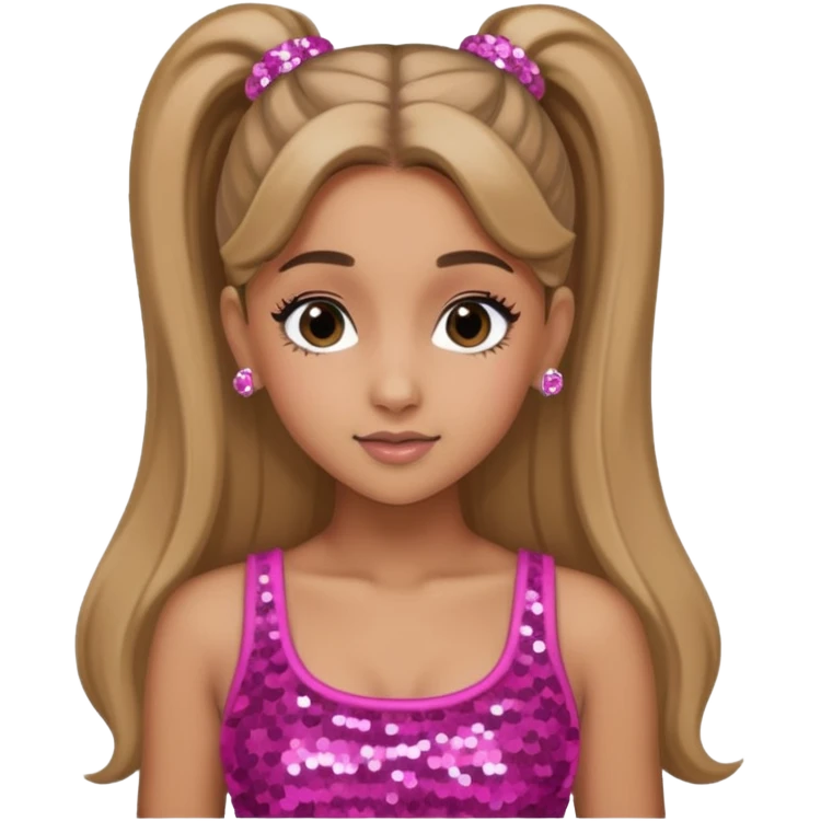 Ariana Grande with long dark blonde ponytail hair, pink sequin crop top emoji