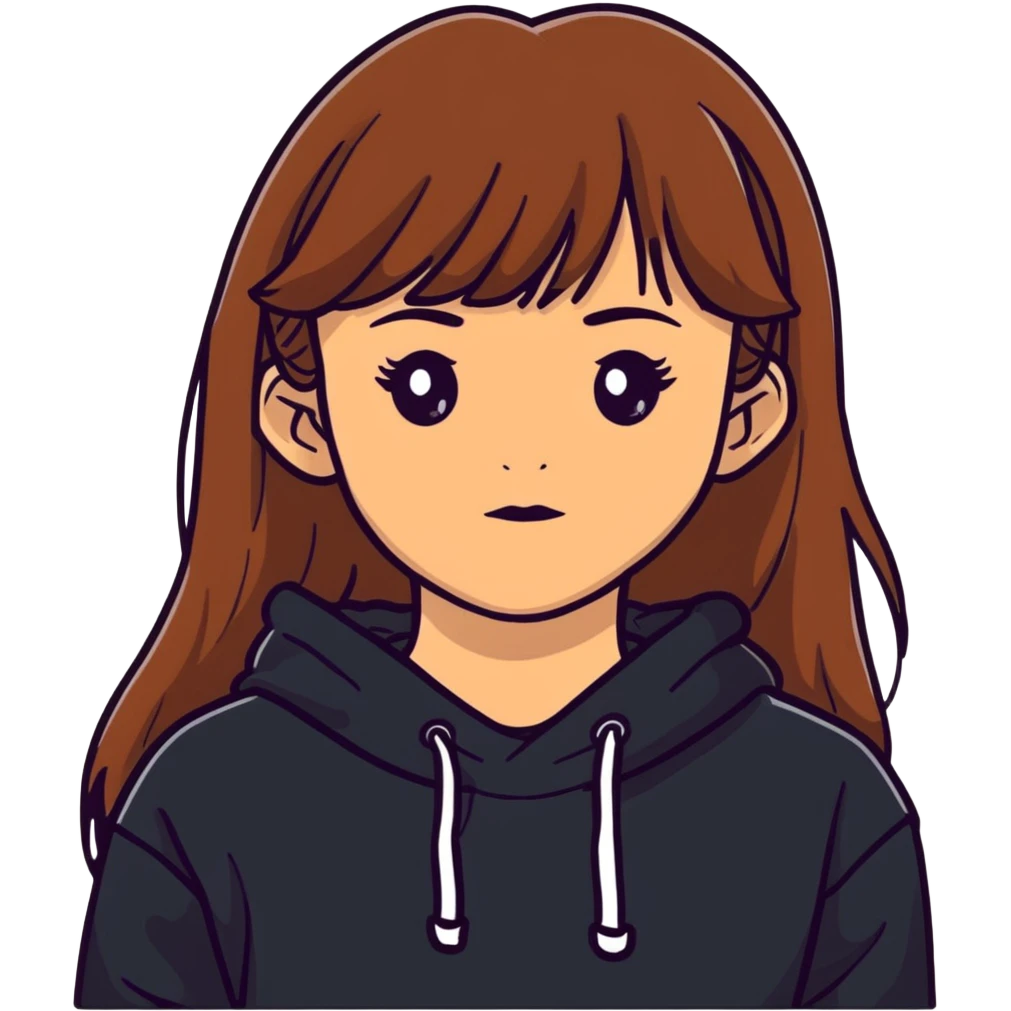 Light skinned girl with brown eyes, long brown hair with bangs, wearing a black sweatshirt emoji