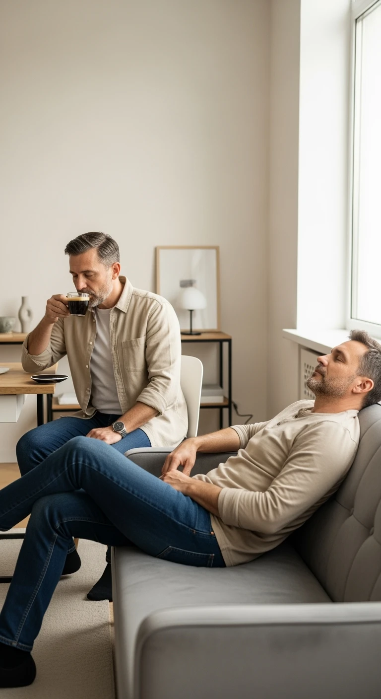 Uomo adulto in abiti casual in un ambiente domestico o ufficio tranquillo, mentre beve un caffè espresso con espressione consapevole. Subito dopo, si sdraia su un divano per un breve riposo di 20 minuti, occhi chiusi, posizione rilassata.  emoji