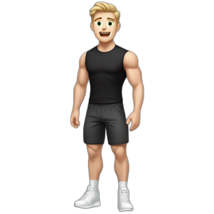 amazed Open with surprise mouth Pale skinned Fit Man With the biceps and dark brown hair in black shirt, gray sports shorts and white Sneakers emoji