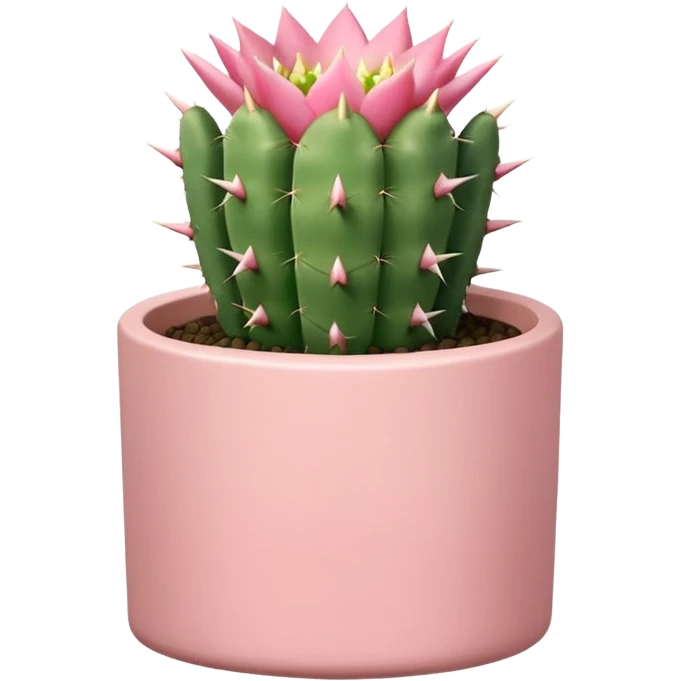 A pastel pink ceramic pot, cylindrical and shallow, containing a cereus cactus. emoji