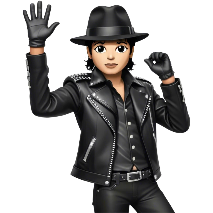 Icon for R&B Music: Michael Jackson in his black fedora, sparkling glove, and leather jacket, striking his famous final pose after performing, with one arm raised and head tilted back. Musical notes surround him, symbolizing the essence of R&B. Transparent background. emoji