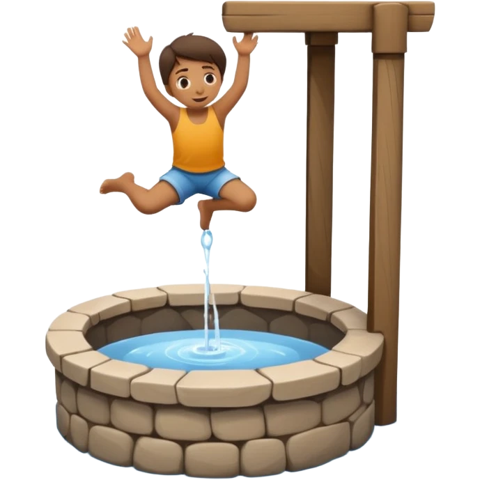Create a clean emoji-style icon showing a small child falling into a round stone water well. The well must be clearly recognizable: circular stone rim, dark opening. Show the child mid-air, tilted downward above the well with simple motion lines. emoji