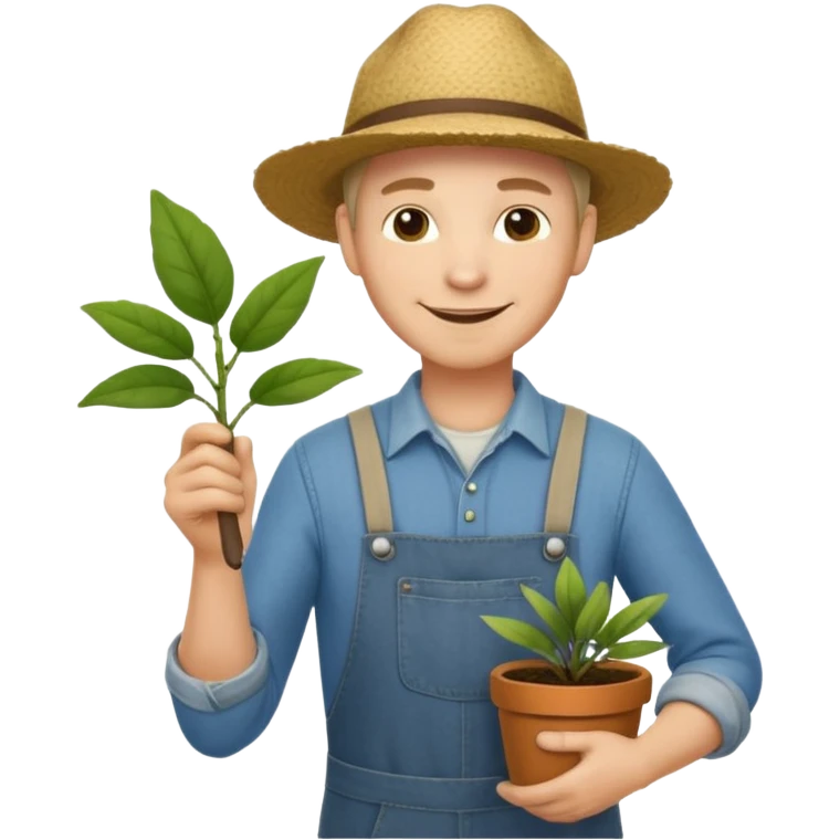 Adult male, light skin, friendly smile, casual farm-style clothes, relaxed posture, holding a plant or small tool, approachable, completely unique from other male roles emoji