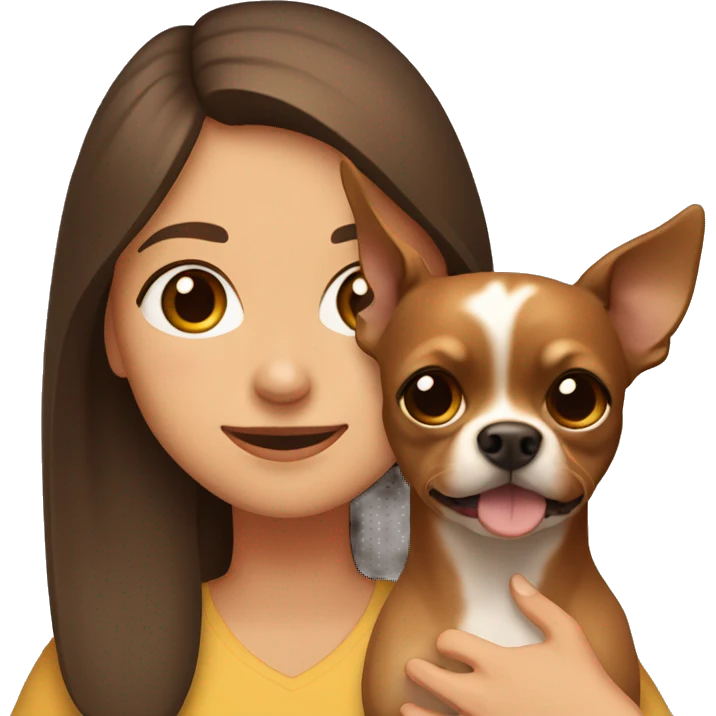 A brown-haired girl with brown eyes holds a brown Chihuahua dog in her arms emoji