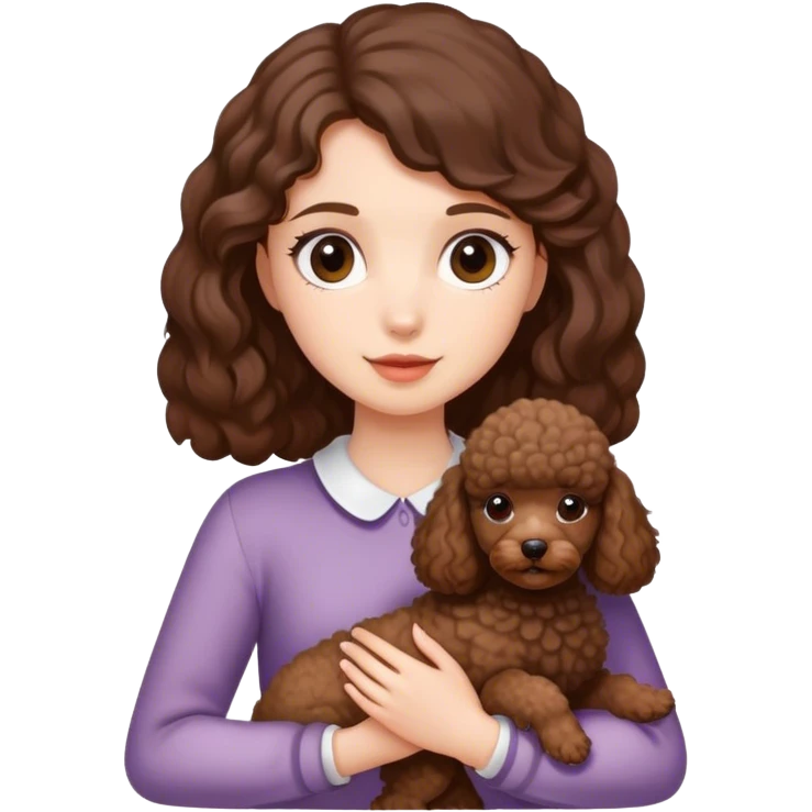 Chica blanca con pelo medio rebajado color marrón con un perrito caniche marrón en las manos  emoji