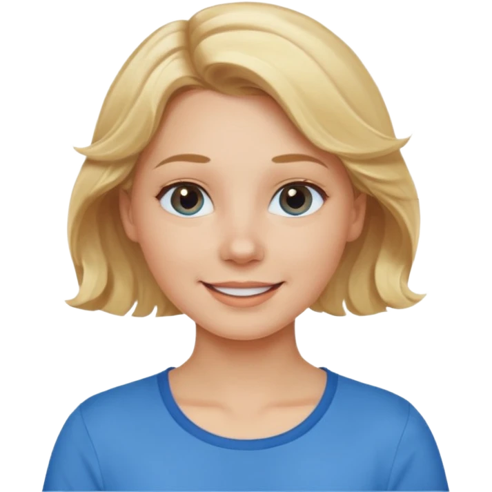 Happy blond girl with light weavy hair with a blue shirt but we can see only her face and neck and the top of the t shirt, no whole body emoji