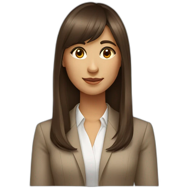 digital business woman with long brown hair with bangs, brown eyes tan skin emoji