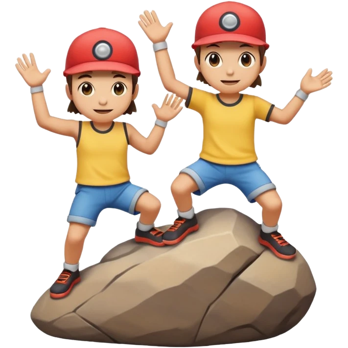 Two Pokémon characters working together — one is helping the other climb onto a small rock. Both look joyful and kind, with a bright, cheerful cartoon emoji style. emoji