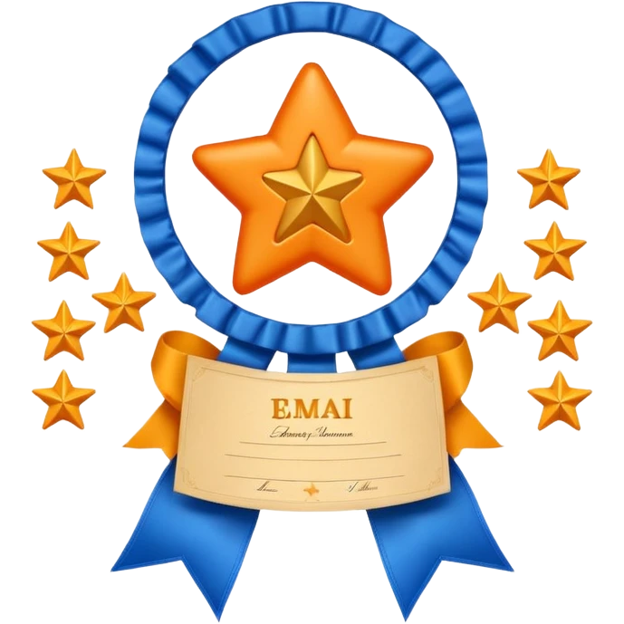 Create a glossy 3D certificate emoji with a cream diploma, rounded corners, a blue ribbon seal, orange tails, and an embossed star. emoji