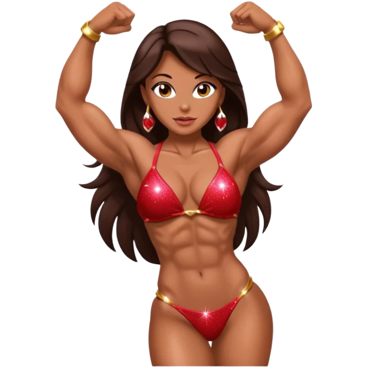 Bodybuilder woman with sparkly red bikini and long dark brown hair in a bodybuilding side pose emoji
