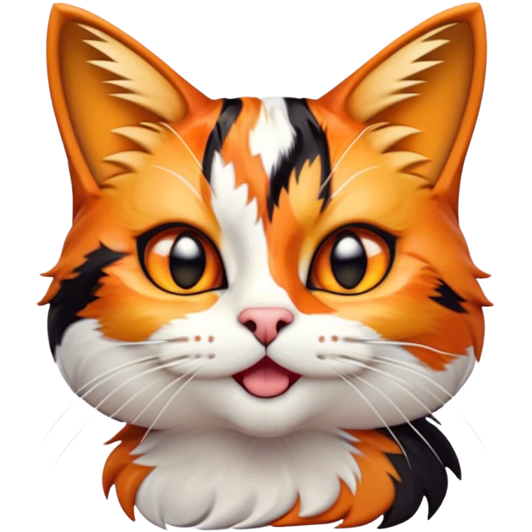 Cinematic Comical Calico Cat Portrait Emoji, Head tilted dramatically with an exaggeratedly surprised expression, showcasing a vibrant patchwork fur of orange, black, and white with wide, comically expressive eyes, simplified yet hilariously detailed, glowing with a sassy, golden radiance, high shine, exuding playful mischief and cheeky feline attitude, styled with a soft glowing outline, capturing the essence of a calico cat that looks ready to leap off the screen with mischievous flair! emoji