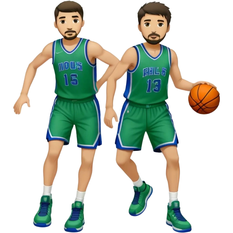 Full Body white male basketball player with short dark shaggy hair and goatee wearing green and blue uniform emoji